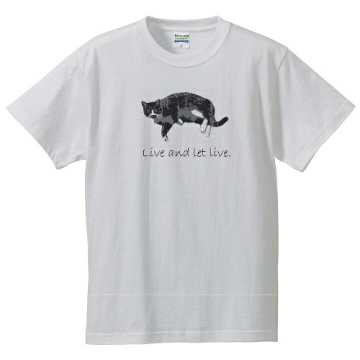 楽天市場 デザインｔシャツ 猫 半袖tシャツホワイト 英語ことわざ Live And Let Live ネコ ねこ 英字 ロゴ 面白い メンズ レディース かっこいい かわいい 教訓 オリジナルグッズ Oreno