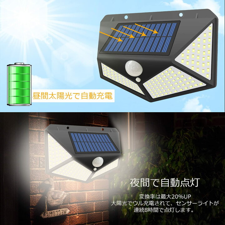 ４個セット 100LED センサーライト 太陽光発電 人感センサーライト 防犯