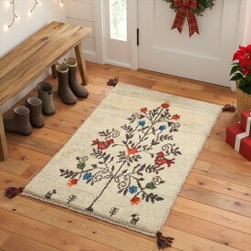 ペルシャ ギャッベ 【本場イラン産】 87x60cm 厚み 2.13cm クリスマス ツリー Xmas アイボリー ベージュ グレー 原毛 生命の木 ウール100% セール ギャベ 玄関マット 天然素材 草木染め 手織り 絨毯 ラグ Gabbeh 赤ちゃんも安心 遊牧民族 RJ13701