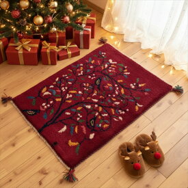 ペルシャ ギャッベ 【本場イラン産】 84x62cm 厚み 2.44cm 赤 レッド 茜色 ボルドーカラー 生命の木 鳥 ウール100% セール ギャベ 玄関マット 天然素材 草木染め 手織り 絨毯 ラグ Gabbeh 赤ちゃんも安心 遊牧民族 RJ13464