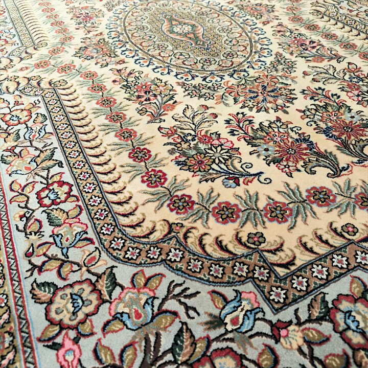 楽天市場】ペルシャ絨毯 【本物イラン産】 クム産 ウール ベージュ 花 