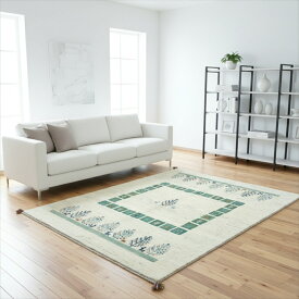 ペルシャ ギャッベ 本場イラン産 アイボリー ラグ ギャベ ウール100% 天然素材 草木染め 手織り 絨毯 Gabbeh オールシーズン 約1.5畳 ソファ前 195x150cm ベージュ グリーン パネル RJ1144