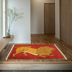 ペルシャ ライオンギャッベ オールドギャッベ マット 127x83cm 厚み1.62cm シラーズ 遊牧民 ギャッベ ギャベ 玄関マット トライバルラグ アマレバフト レッド 赤 茜色 黄金色 ゴールド ライオン