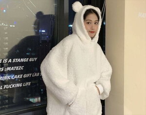 くま耳 アウター コート 上着 もこもこアウター 袖あり 長袖 萌袖 襟なし ワイド もこもこ モコモコ フード付き ファスナー ポケット 前開き 厚手 かわいい 大人可愛い シンプル カジュアル