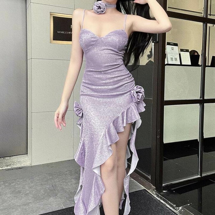 楽天市場】スリップドレス ワンピース ロング丈 スリット ノーカラー 