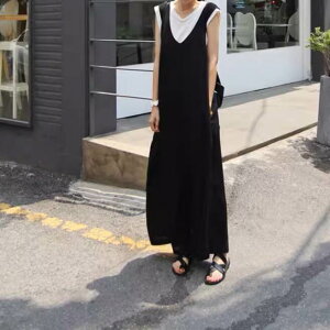 レディース パンツ サロペット オールインワン つなぎ パンツワンピ ロングパンツ ワイドパンツ ロング 袖なし ノースリーブ Vネック ワイド かわいい 大人可愛い きれいめ シンプル カジュ