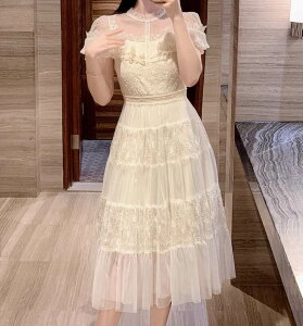 ドレス ワンピース ウェディング パーティー 結婚式 発表会 ステージ フォーマル ロング 半袖 Aライン レース 刺繍 透け感 シースルー ラメ 薄手 可愛い きれいめ シンプル 大人可愛い 上品