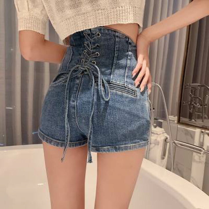 楽天市場】デニム ショート パンツ ハイウエスト レディース レース 