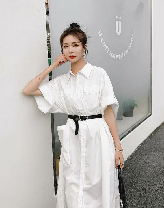 未使用品 ボリュームフレアミモレ丈シャツワンピース 素敵なベルトも  