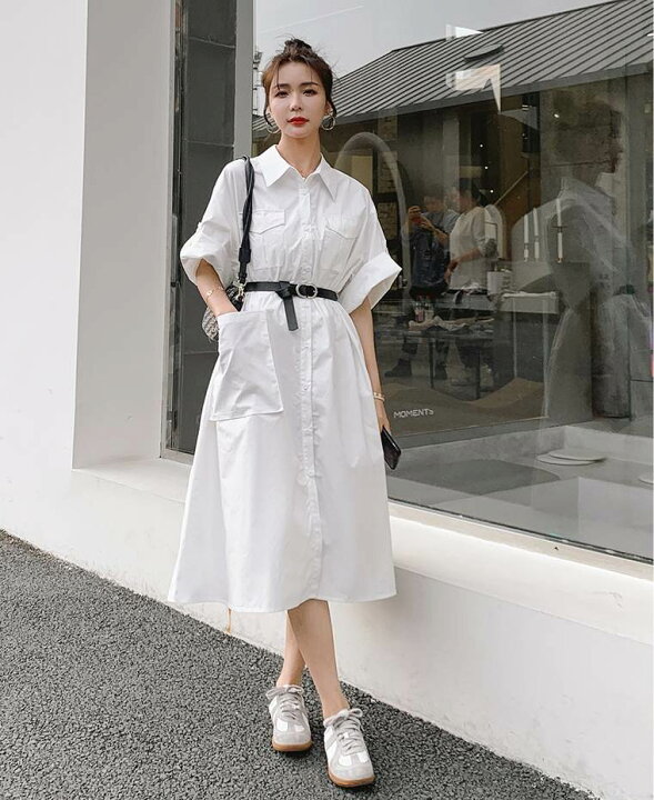 未使用品 ボリュームフレアミモレ丈シャツワンピース 素敵なベルトも  