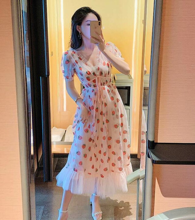 楽天市場】イチゴ柄ワンピース ワンピース フレアワンピース ワンピ  