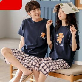 ルームウェア パジャマ レディース メンズ 寝巻き Tシャツ ハーフパンツ トップス ボトムス 上下セット 半袖 袖あり チェック柄 ラウンドネック 七分丈 ゆったり ルーズ カップル お揃 大人可愛い 韓国 オルチャン 個性的 デザイン おしゃれ