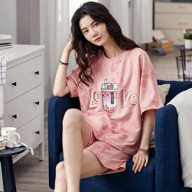 パジャマ レディース 半袖 ピンク かわいい 大きいサイズ XL 2XL 綿 上下 2点 セット ショート丈 ラウンドネック ウエストゴム プリント ルームウェア 寝巻き ナイトウェア シンプル 大人可愛い 韓国 オルチャン 個性的 デザイン おしゃれ