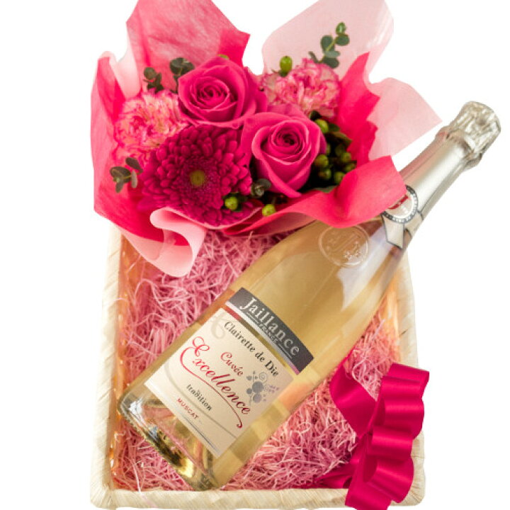 楽天市場 誕生日 卒業祝い 女性 母の日 花 ワイン ギフト スパークリングワイン フランス ローヌ 750ml やや甘口 1本 泡 生花 フラワーアレンジメント ピンク バラ カーネーション フラワーギフト 誕生日 贈り物 プレゼント フラワーギフト おしゃれ 妻 お母さん 彼女