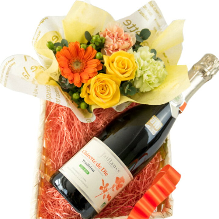 楽天市場 早割 4 まで 母の日 プレゼント 花 ワイン ギフト 誕生日 結婚記念日 プレゼント 女性 スパークリングワイン フランス 750ml やや甘口 オーガニック Bio 生花 フラワーアレンジメント 黄色 オレンジ バラ ガーベラ 退職祝い 結婚祝い フラワーバスケット