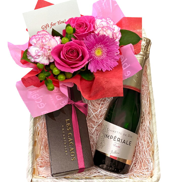楽天市場 花 ワイン スイーツ ギフトセット プレゼント お菓子 スパークリングワイン 生花 フラワーアレンジメント フランス ハーフボトル 375ml やや甘口 ピンク バラ カーネーション 東京 Les Cacaos 焼菓子 詰め合わせ フラワーギフト ワインセット 洋菓子 誕生日