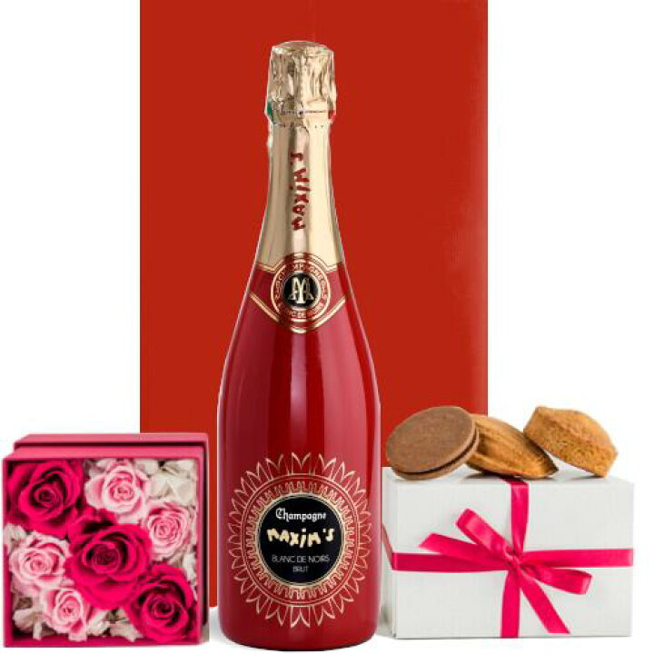 楽天市場 ホワイトデー ワイン 花 スイーツ 洋菓子 プレゼント 結婚祝い シャンパン フランス 750ml 辛口 マキシム ド パリ ブラン ド ノワール プリザーブドフラワー ボックス アレンジ ピンク バラ Les Cacaos 焼菓子 5種 マドレーヌ 誕生日 送料無料 ワイン