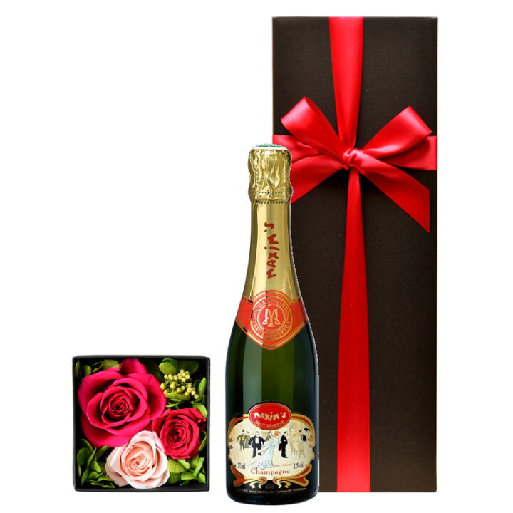 楽天市場 花 シャンパン ギフト 人気 マキシム ド パリ フランス 辛口 375ml ハーフボトル 泡 ワイン プリザーブドフラワー ボックス ピンク バラアレンジメント おしゃれ プレゼント メッセージカード 誕生日 記念日 敬老の日 女性 お母さん 妻 あす楽 送料無料