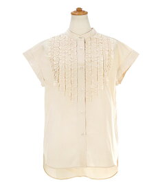 SUMMER-SALE 新色追加/洗濯可 ブラウス レディース ファッション オフィス おしゃれ トップス 大人 白 春夏 秋 ジョイントスペース バンドカラー フリル フレンチスリーブ ブラウス Liala×PG 全5色｜lpg811-1406【5】