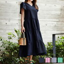 8/上旬～中旬頃発送予定！新色追加 手洗い可 Vネック フレア おしゃれ フェミニン 上品 大人可愛い きれいめ 体型カバー 夏 ジョイントスペース ストライプ チューリップ袖 ティアード ワンピース Liala×PG 全4色｜lpg321-2121【4】