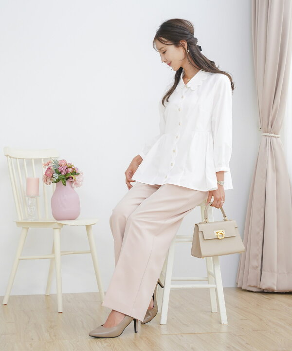 VIRINAボリュームスリーブ ペプラムグレタブラウス ベージュ 撥水加工 