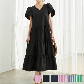 新色追加 手洗い可 Vネック フレア おしゃれ フェミニン 上品 大人可愛い きれいめ 体型カバー 夏 ジョイントスペース ストライプ チューリップ袖 ティアード ワンピース Liala×PG 全6色｜lpg321-2121【8】