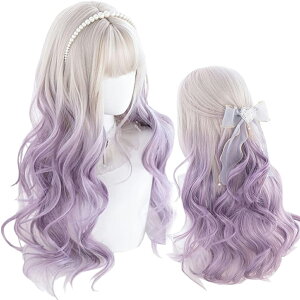ロリータ ウィッグ 原宿風 GAL系 ぱーつん前髪 セット ツインテール ロング 白 紫 メッシュ かつら カツラ 耐熱 変装用ウィッグ コスチューム小物 パーティー お祭り イベント おしゃれ cospla
