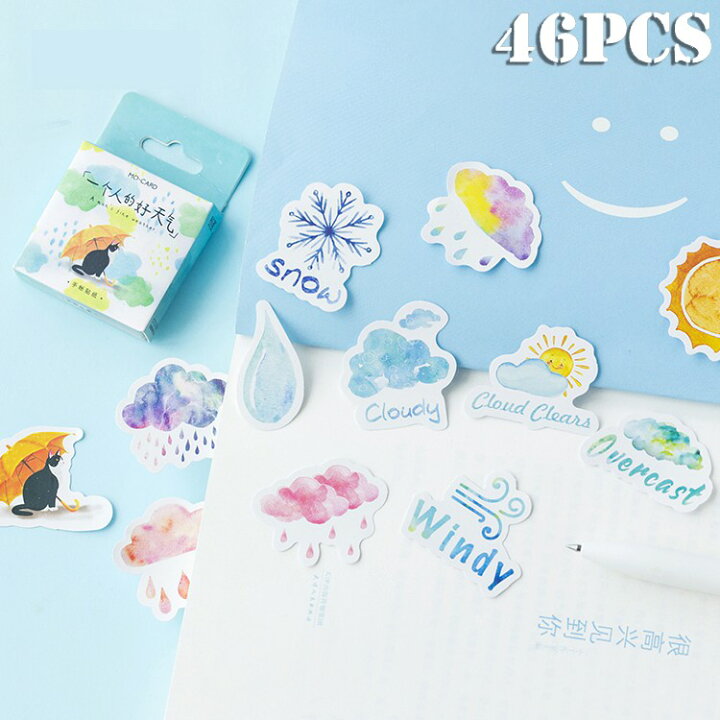 楽天市場 即日発送 箱入り フレークシール ラベル 手帳デコ コラージュ素材 日記 手紙 英語 気候 天気 雨 傘 ネコ 猫 雲 太陽 雪 イラストステッカー レトロ ジャンクジャーナル デコレーション ビンテージ アンティーク デザイン 北欧 封かんシール 一個人的好天氣