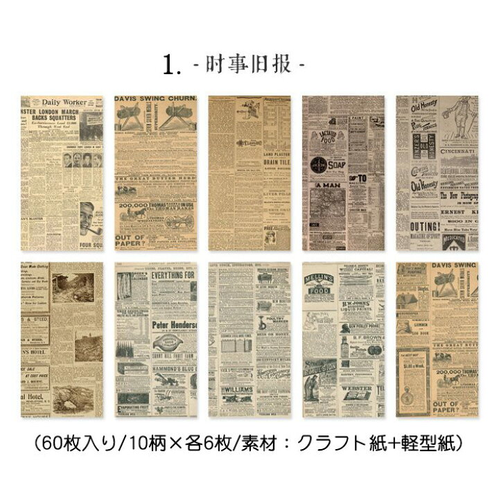 楽天市場 即日出荷 海外 レトロ デザイン ペーパー アンティーク 素材紙 60枚 全8種類 ヴィンテージ 素材紙 素材ペーパー 手帳デコ コラージュ素材 ジャンクジャーナル 背景紙 チケット 切符 英語 薄手 薄い ポストカード デコレーション クラフト紙 英語 英文字