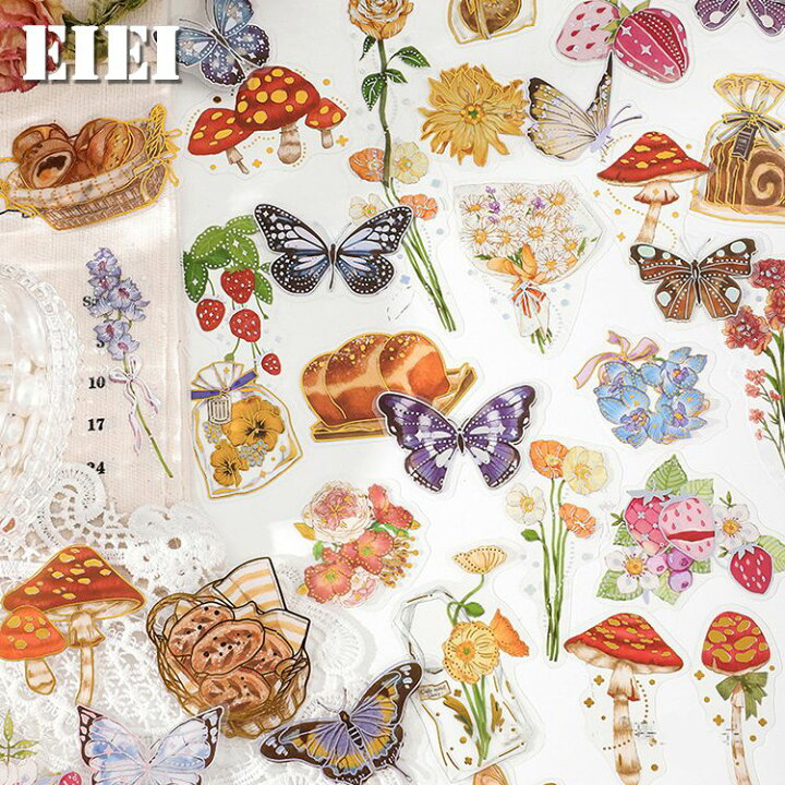 楽天市場 即日出荷 箔押し 海外 ステッカー やや大きめ 透ける Pet フレークシール シール クリア Pet素材 植物 花 フラワー 葉 果実 フルーツ 花束 きのこ 食品 パン 蝶々 マッシュルーム モノクロ ジャンクジャーナル コラージュ素材 デコレーション 手帳デコ おしゃれ