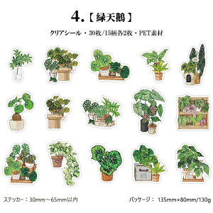 即日出荷 観葉植物 クリアシール コラージュ素材 シール 縁起 の 良い 観葉 植物 多肉植物 観賞植物 鉢植え イラスト シール 30枚15柄 コラージュ 素材 シール PET 透明 耐水 緑 グリーン ダイカ