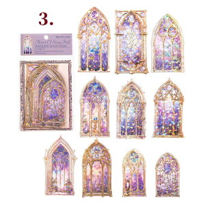 即日出荷 オーロラ箔押し 海外シール ステンドグラス コラージュ 素材 大きめ クリアシール 透明 シール ステッカー コラージュ 素材 花柄 薔薇 ローズ 窓 窓枠 扉 貝殻 貝シェル 神秘 おしゃ