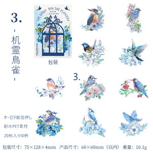 即日出荷 オーロラ箔押し 銀箔押し 小鳥 鳥類 雀 透明 耐水 海外シール クリアシール インコ 熱帯鳥 花柄 木 枝 海外ステッカー 20枚 コラージュ 素材 透明シール スクラップブッキング PET イ