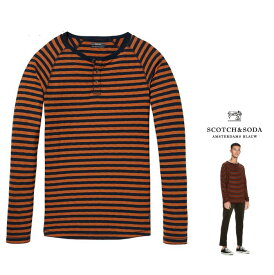 SCOTCH＆SODA【 スコッチ&ソーダ 】Basic Grandad Tee　Long Sleevヘンリーネック 長袖Tシャツcolor:【 BROWN×NAVY 】ブラウン×ネイビー　ボーダー柄