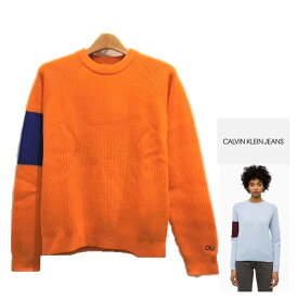 Calvin Klein JEANS【 カルバンクライン・ジーンズ 】RIB CREW MD KNITプルオーバー 袖ラインクルーニットcolor：【 ORANGE 】オレンジ
