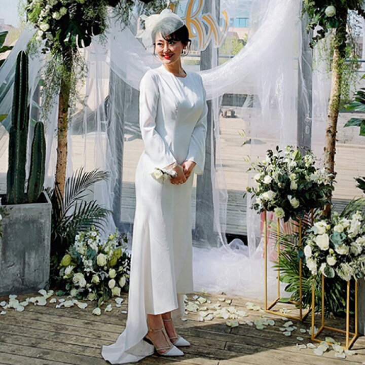 楽天市場 ウェディングドレス 2次会 結婚式 撮影 前撮り 後撮る ウエディングドレス 挙式 花嫁 ドレス 可愛い 大人 おしゃれ 披露宴 ハネムーン セルフ撮影 フィッシュテール 長袖 袖付き 春 夏 秋 冬 2次会ウエディングドレスルベリ