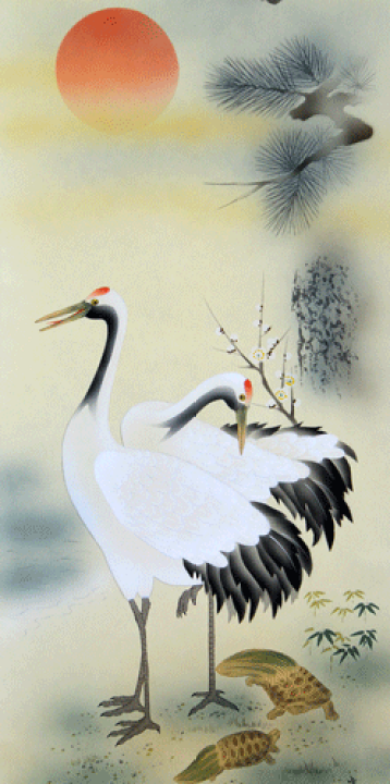 掛け軸 松竹梅鶴亀 めでたし 神山希麗作 掛軸 尺五立 木箱 箱書き