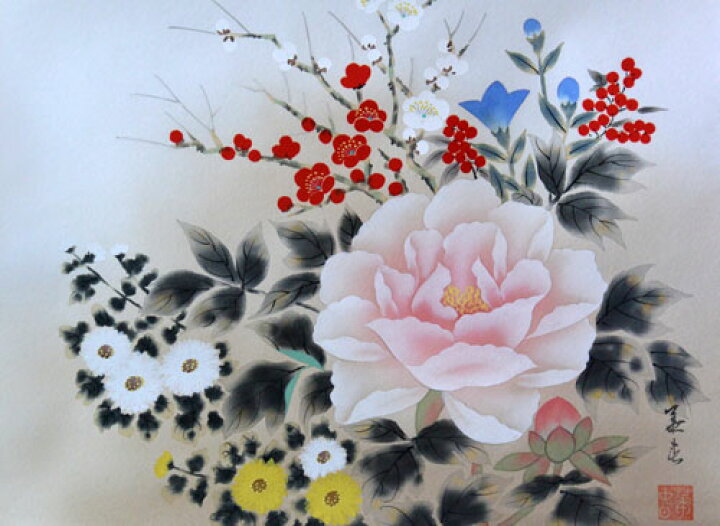 楽天市場】掛軸 四季花 金子華春画(掛け軸 F6小判横) 幅51.5cm×丈114.5 