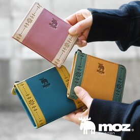 moz モズ ミニ財布 L字ファスナー l型 レディース 本革 小さい財布 薄い コンパクトウォレット サブ財布 Flower Elk エルク 花 型押し ヌメ調 使いやすい バイカラー くすみカラー 北欧 牛革 経年変化 スウェーデン sweden ヘラジカ 86064