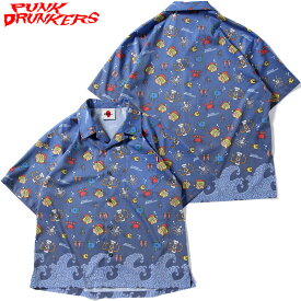 送料無料 パンクドランカーズ PUNK DRUNKERS PDS × およげ!たいやきくん アロハシャツ(ブルー 青 BLUE)パンクドランカーズシャツ PUNK DRUNKERSシャツ アロハシャツ 総柄 およげたいやきくんコラボ