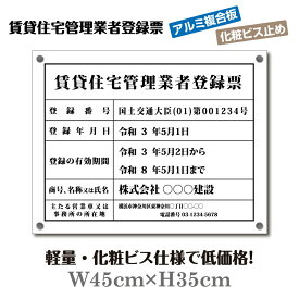 OSAMU 賃貸住宅管理業者登録票 看板【アルミ複合板+化粧ビス止め】W45cm×H35cm 許可票 登録票 文字入れ 不動産看板 標識 名入れ 法定看板 許可看板 表示 工事看板格安 激安 製作 作成 法定看板 pdzz-alumi-bisu