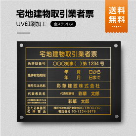 OSAMU 宅地建物取引業者票 許可証 （高級感抜群）化粧ビス止め「金ステンレス板×黒印刷×金文字」本物のステンレス製 看板 撥水加工 看板ヘアライン仕様事務所用 標識 サイン 許可票 表示板 標識板 掲示板 標識・案内板 tr-gold-stl-gold