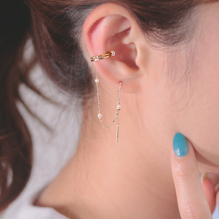 楽天市場】ピアス ニッケルフリー 2連風 パール メタル チェーン  