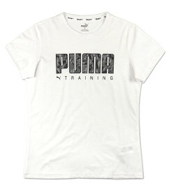 PUMA レディース PERFORMANCE LOGO FILL 半袖 Tシャツ M L プーマ 522801 02 女性 婦人 トレーニング ランニング ジョギング ドライセル 吸水 速乾 Uネック クルーネック 丸首 薄地 薄手 ステッチ ロゴ アニマル柄 綿混 白 ホワイト メール便送料無料