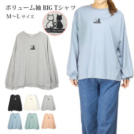 レディース ボリューム袖 猫柄 長袖 刺繍 Tシャツ BIGT M〜L 51287A ドロップショルダー 肩落ち 女性 婦人 無地 黒 白 青 緑 ブラック オフホワイト 杢グレー サックス ライトグリーン サーモンピンク M L