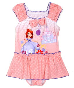 ちいさなプリンセス ソフィア 女の子 ワンピース 水着 キッズ Disney ディズニー キャラクター 子ども 女児 ミニスカート ドット 水玉 リボン フリル パープル ピンク 100 110 120 130