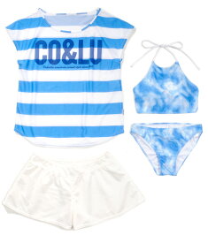 COCOLULU ココルル レディースビキニ水着4点セットアップ 5S 7S 9M 11L 35650635 女性 トップス カットソー Tシャツ キュロット ロゴ ボーダー レースアップ タイダイ ブルー ピンク 小さいサイズあり 大きいサイズあり