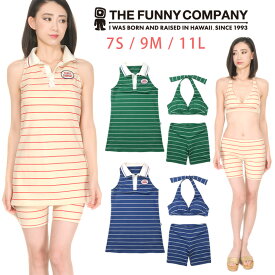 The Funny Company ボーダー柄ポロシャツワンピース付きビキニ水着3点セット 7S 9M 11L レディース ファニーカンパニー 短パン アイボリー ブルー グリーン 送料無料