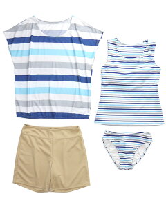 imagine イマジン トップス付き タンキニ 水着 4点セット 体型カバー 9M 11L 13L 526610 レディース 女性 スイムウエア Tシャツ ショートパンツ ボーダー 青 水色 ブルー オレンジ 大きいサイズあり