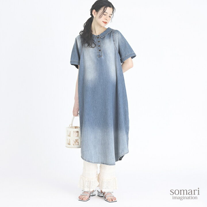 楽天市場 Somari Imaginationピュアヴィンテージデニムロングワンピ ロングワンピース レディース デニムワンピース 半袖 ヴィンテージ ボタン ステッチ メール便不可 オシャレウォーカー Osharewalker